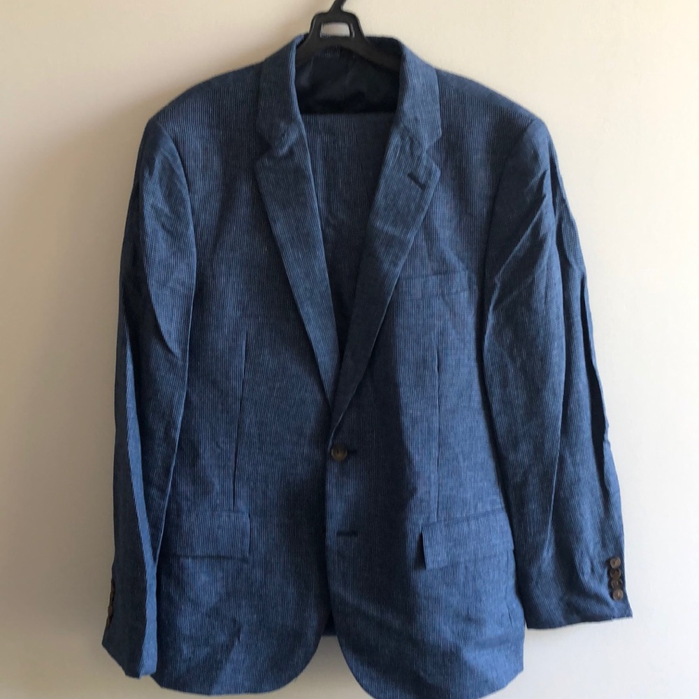 J Crew blue linen jacket and slacks